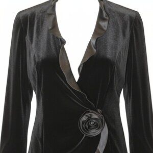 Alex Evenings Black Velvet Wrap Top with Satin Trim & Rosette Size Large
